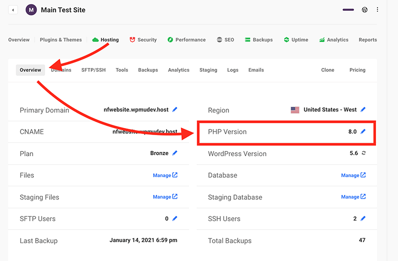 Where to check your PHP version in The Hub.