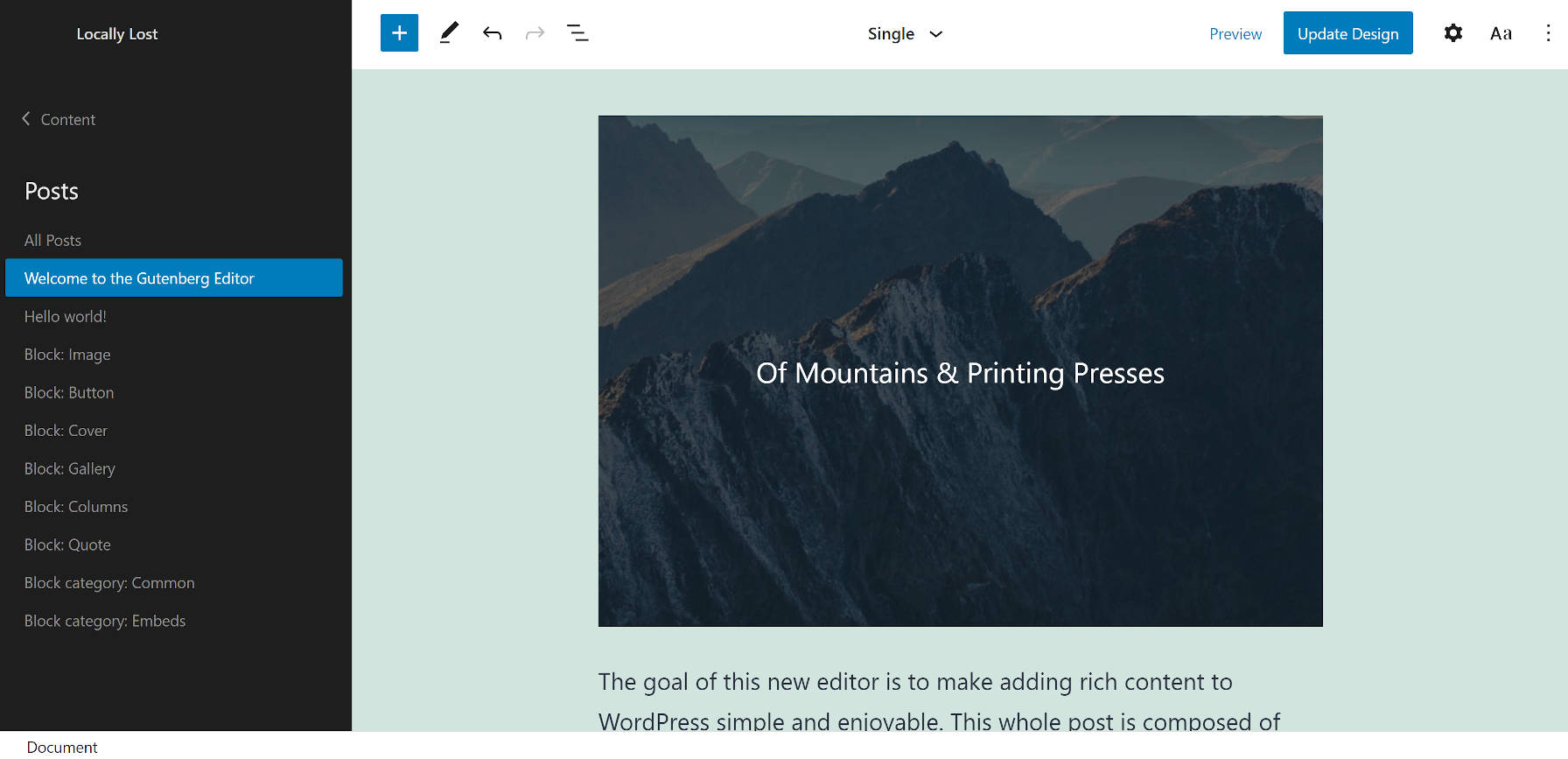 Viewing a single post template in the WordPress site editor while using the TT1 Blocks theme.