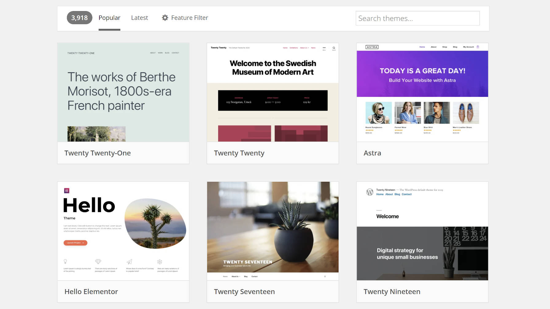 Popular themes list on WordPress.org.