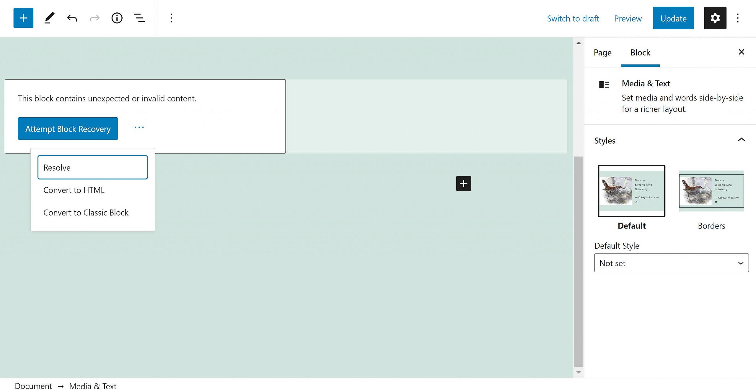 Invalid block output in the WordPress editor.