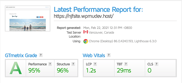 Gtmetrix report showing a A rating.