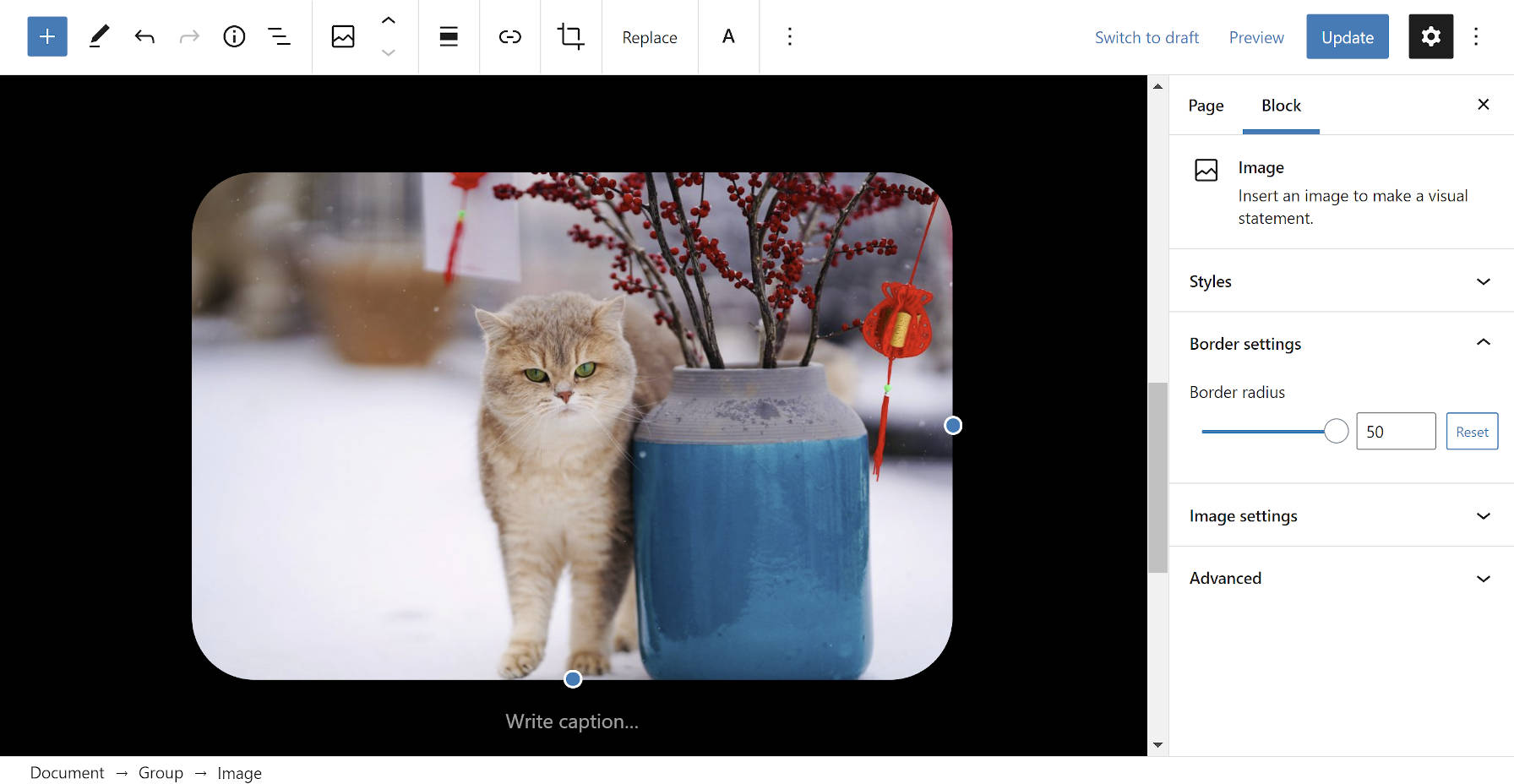 Image block in the WordPress editor with border radius setting in the sidebar.