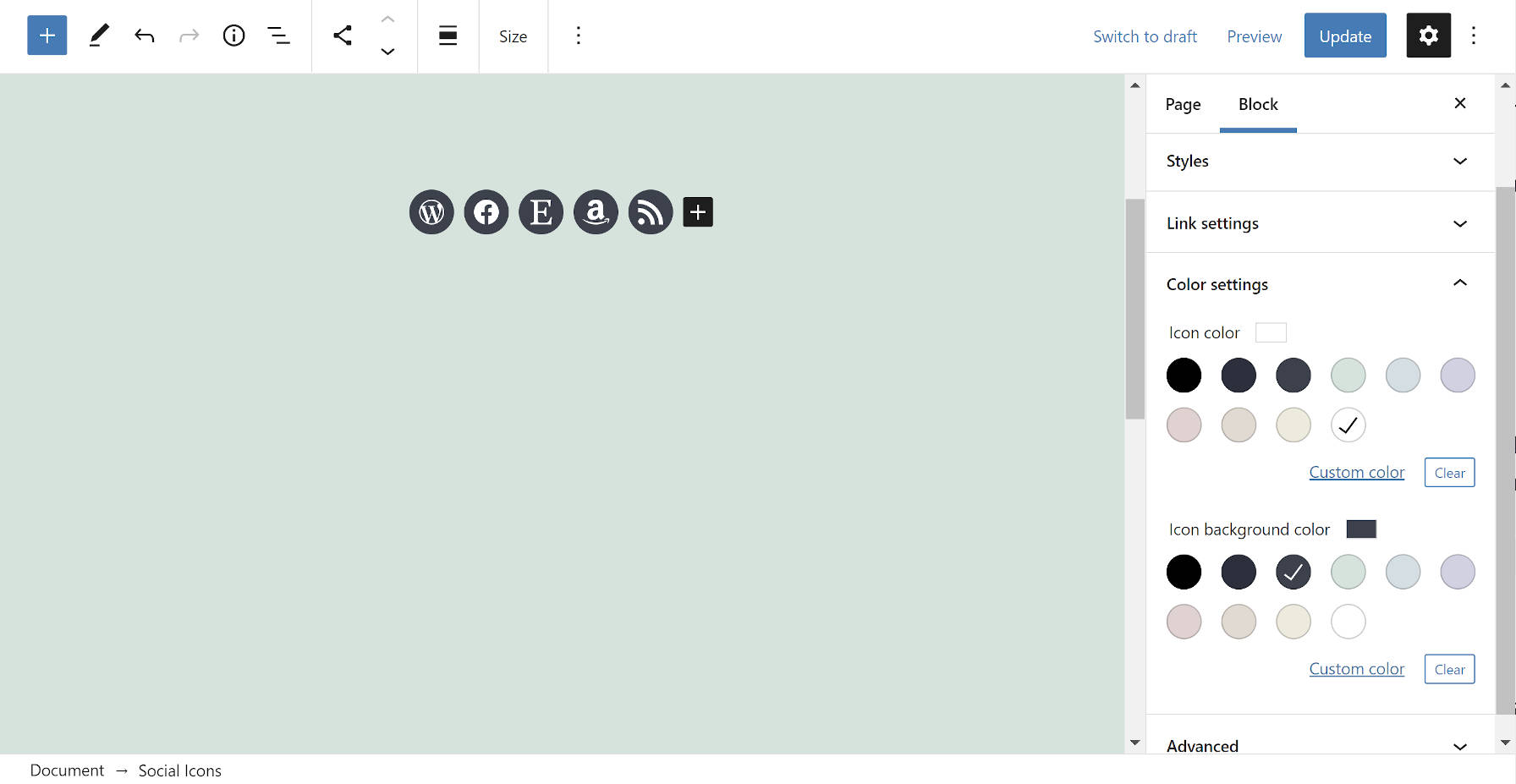 Social Links block in the WordPress editor with the Color Settings panel open.