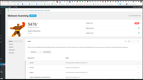 Screenshot of Defender scan on malware infected site.