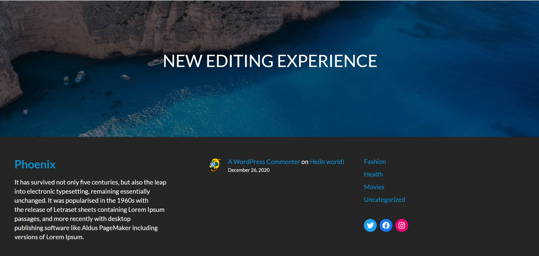 Phoenix theme footer with full-width Cover block followed by columns.