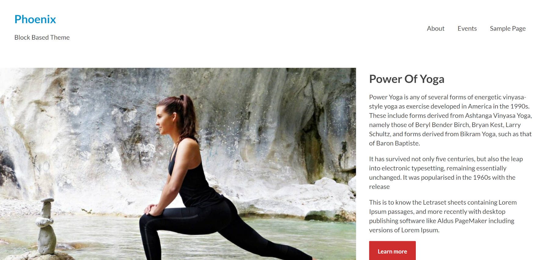 Phoenix WordPress theme header area on front page.  Includes a hero area with image next to text.