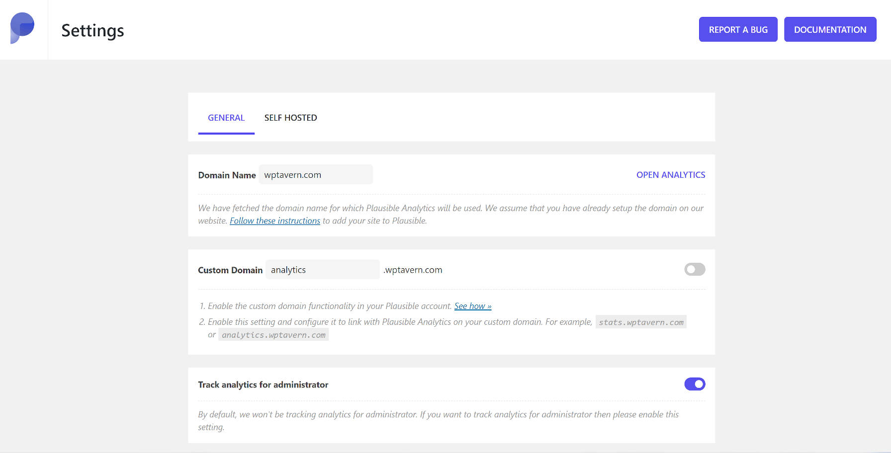 Plausible Analytics WordPress plugin settings screen.