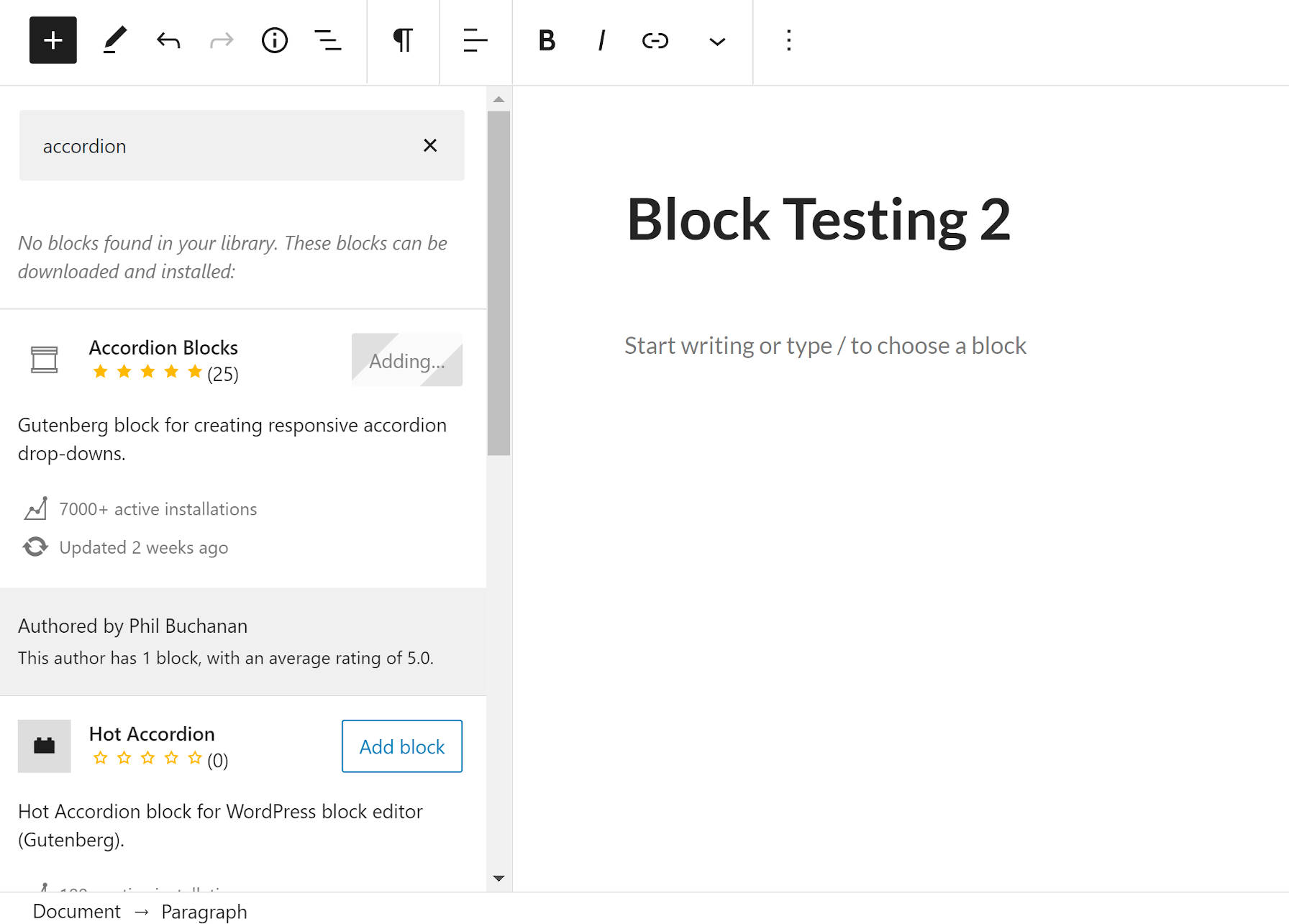 Searching for and installing a single-use block directly from the WordPress editor.