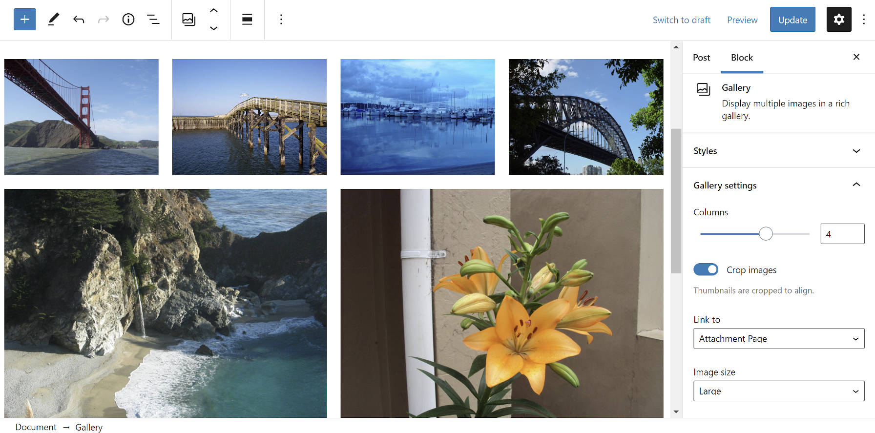 Converted classic gallery post to blocks in the WordPress editor.