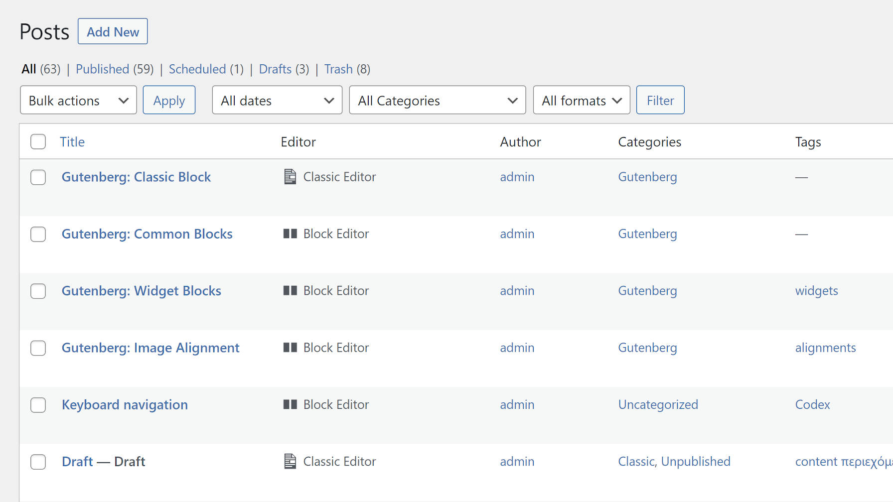 Manage posts screen with "Editor" column to distinguish between block and classic posts.