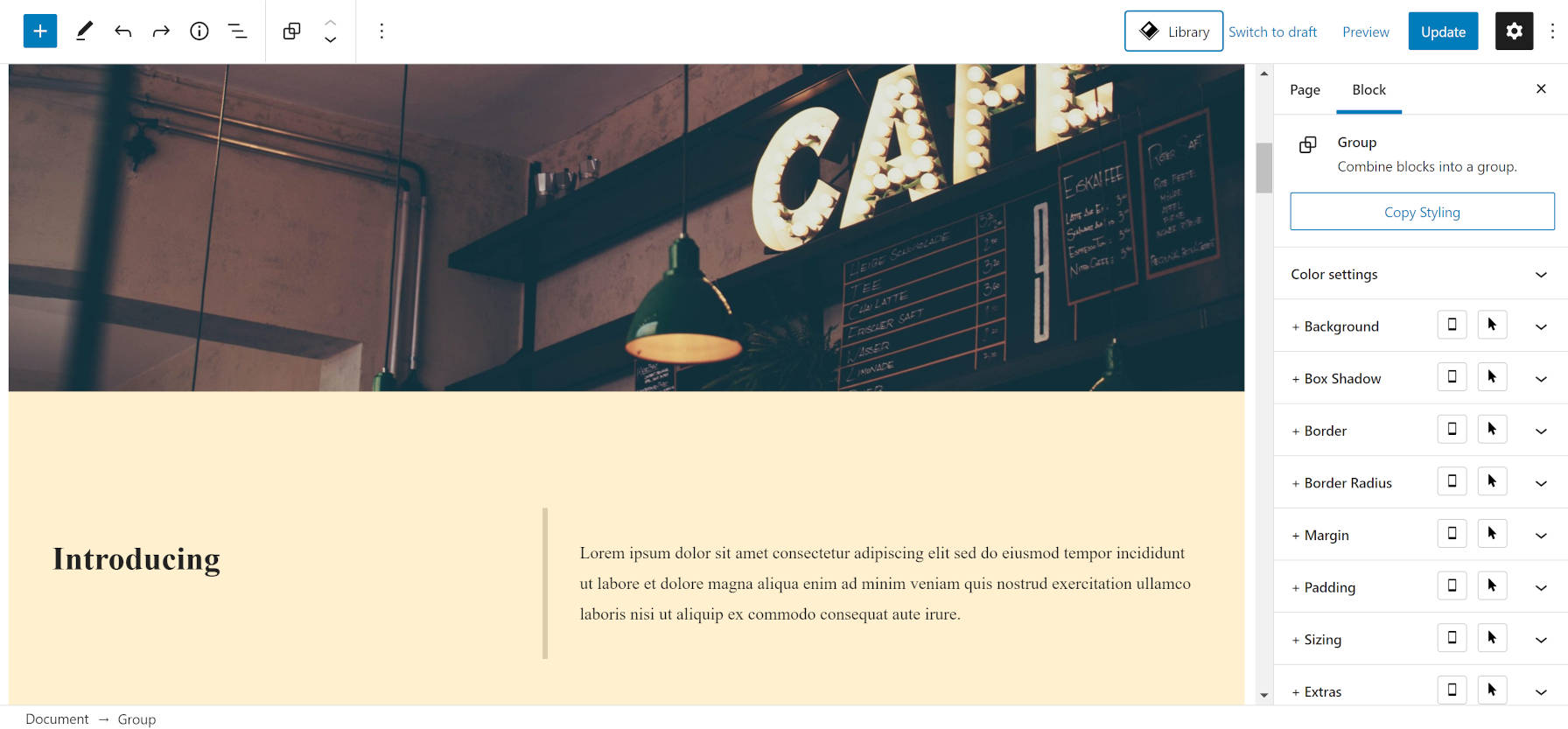 Inserting a food-related template from Editor Plus into the block editor.
