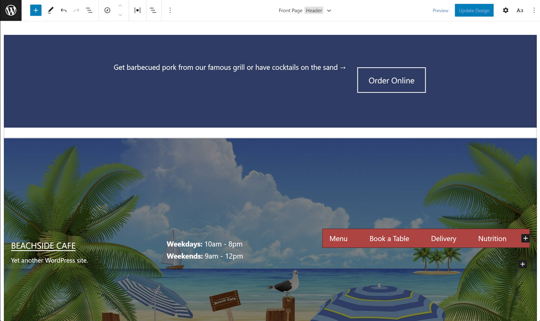 Editing a custom restaurant header in the WordPress Gutenberg site editor.