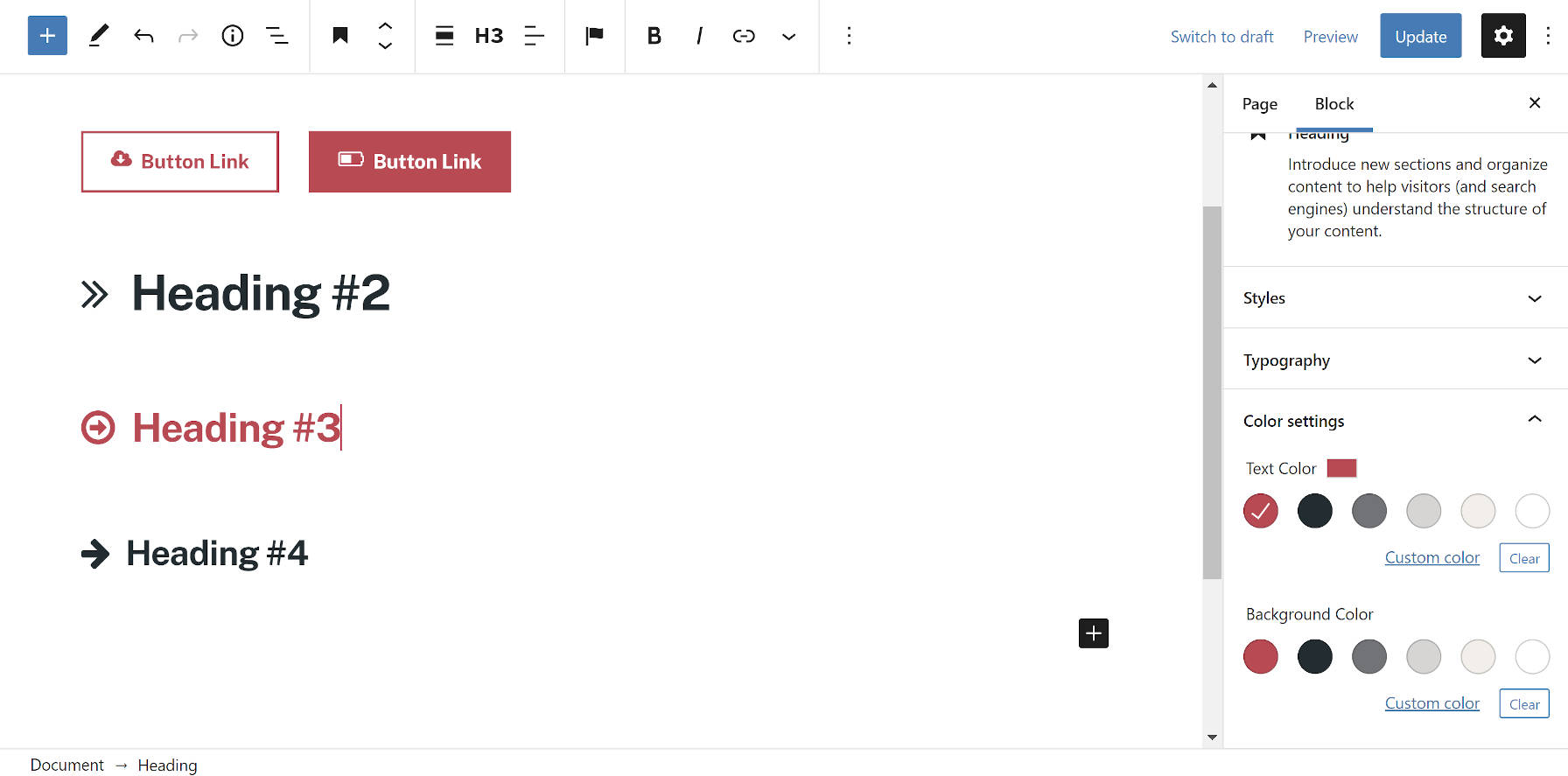Testing icons in different blocks in the WordPress editor.