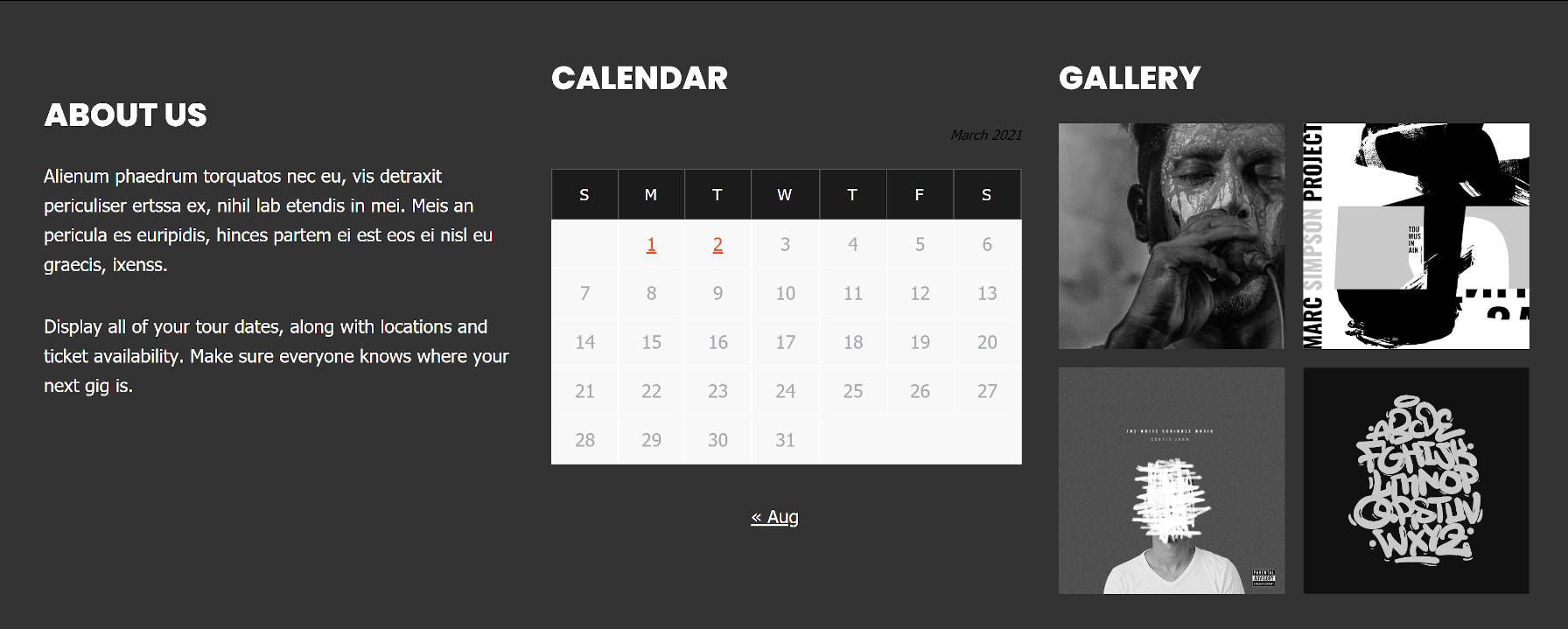 A three-columned section: about us, calendar, and image gallery.