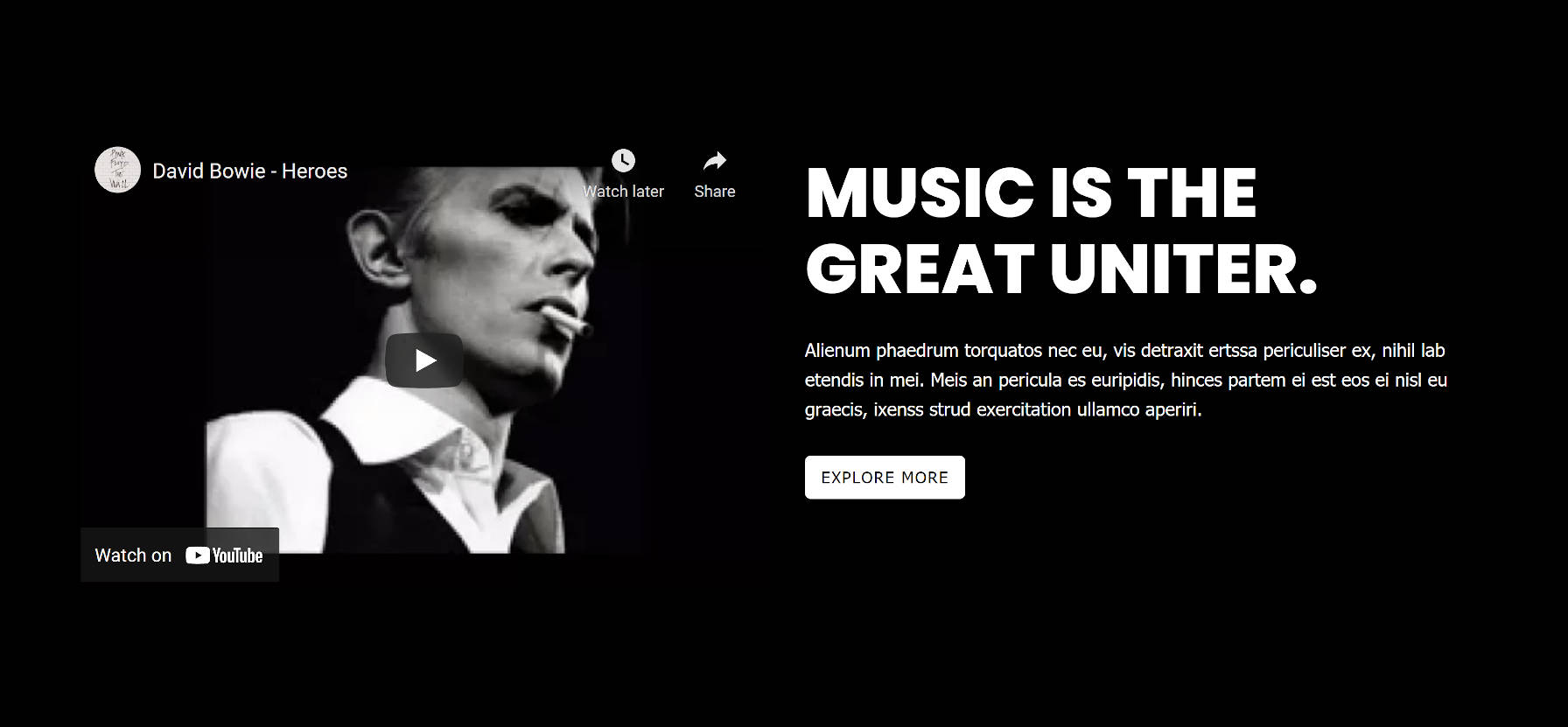 Two columns. On the left, an embedded YouTube video. On the right, a heading, paragraph, and button.