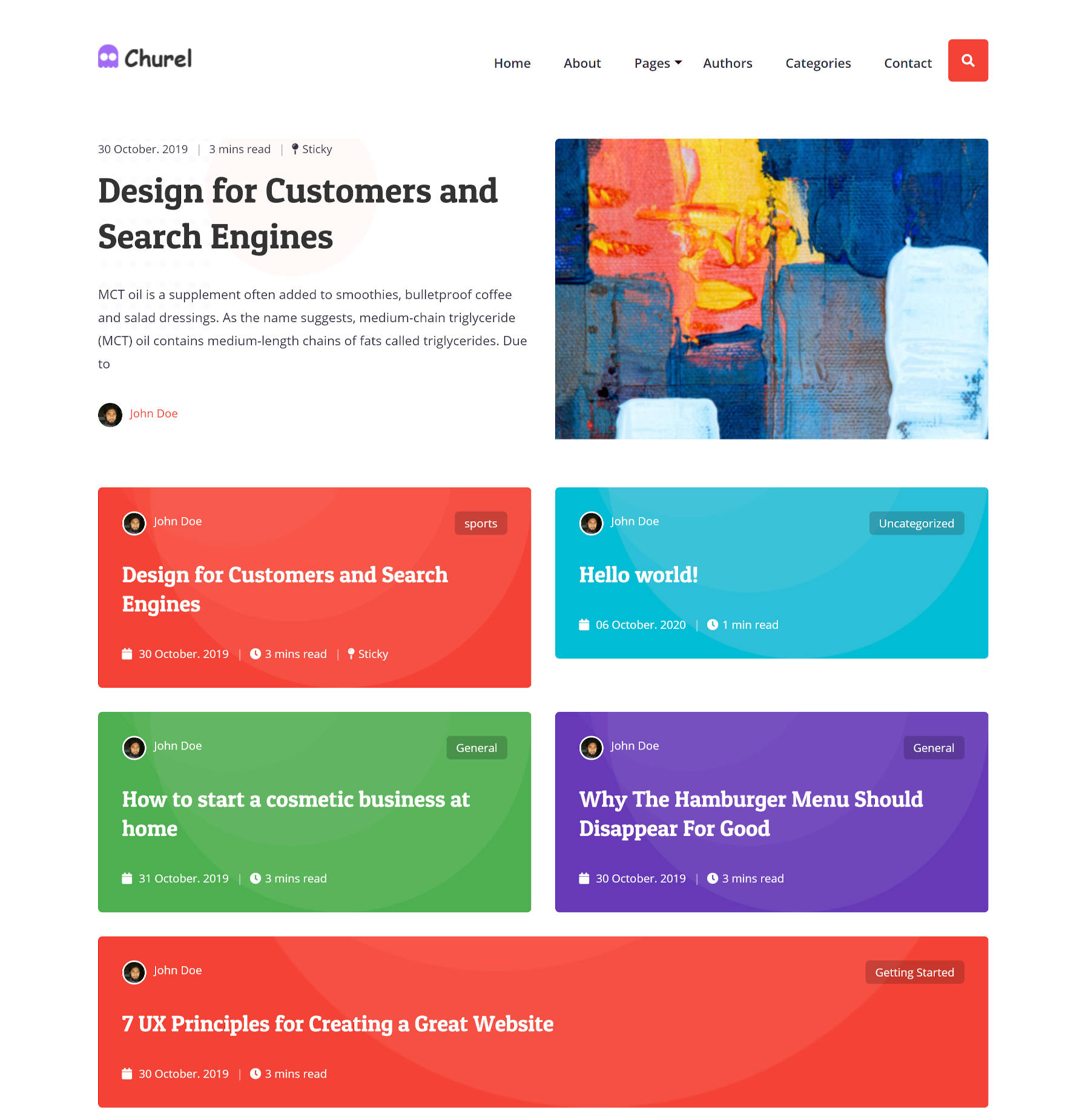 Screenshot of the Churel WordPress theme homepage, which consists of a "featured" (sticky) post followed by posts in a "card" design.