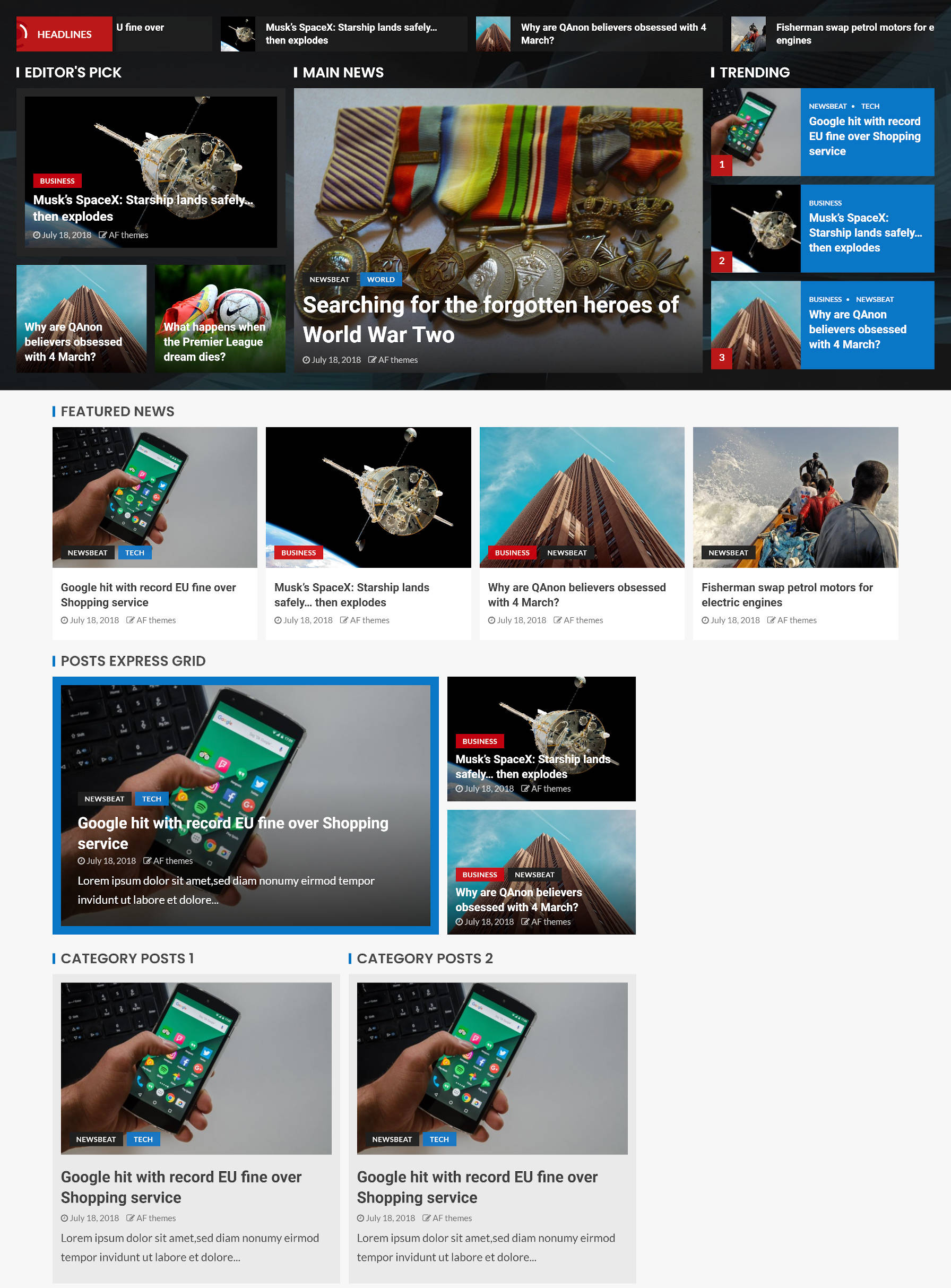 Homepage design with various post sections for a news website.