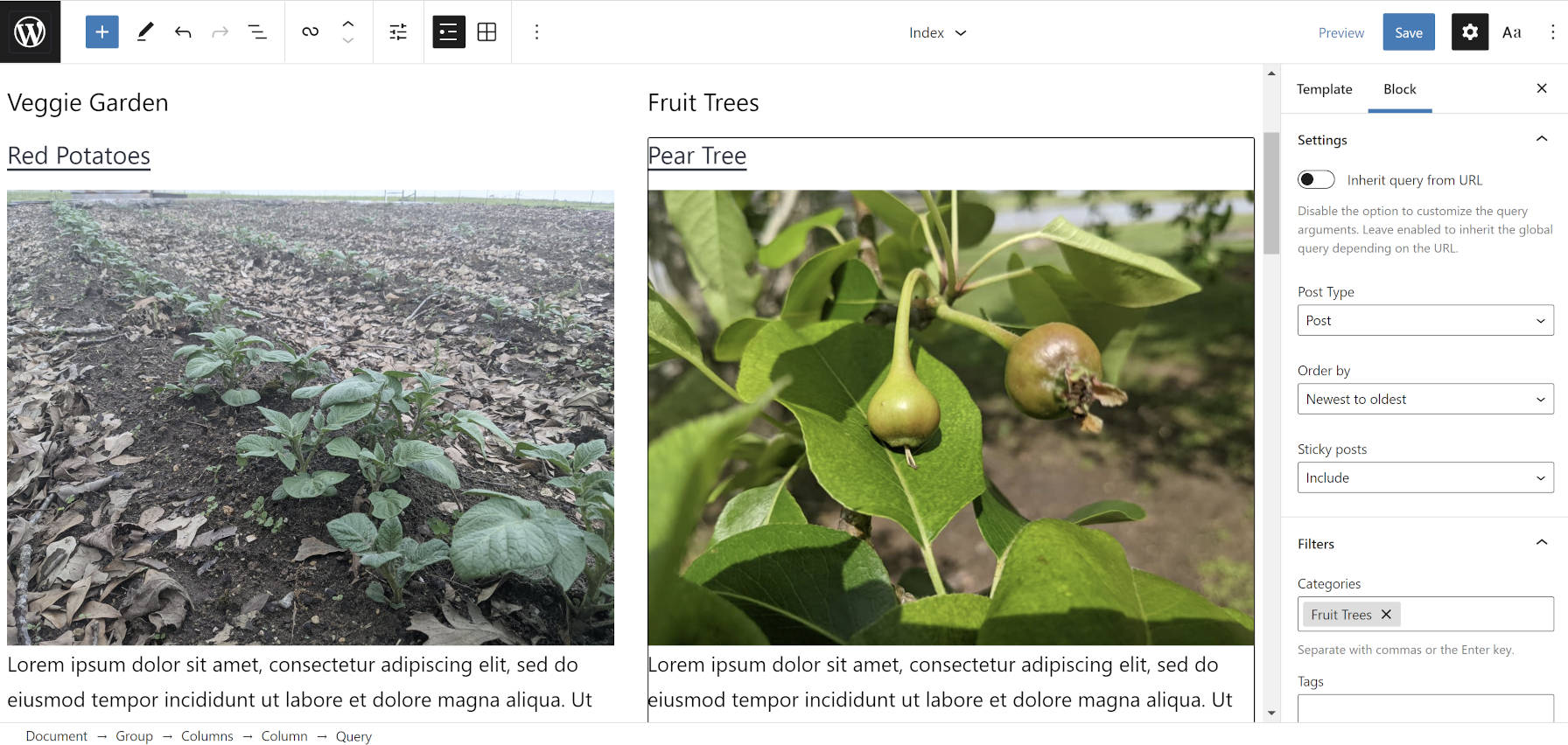 Adding two Query blocks to the WordPress editor, each in their own columns.