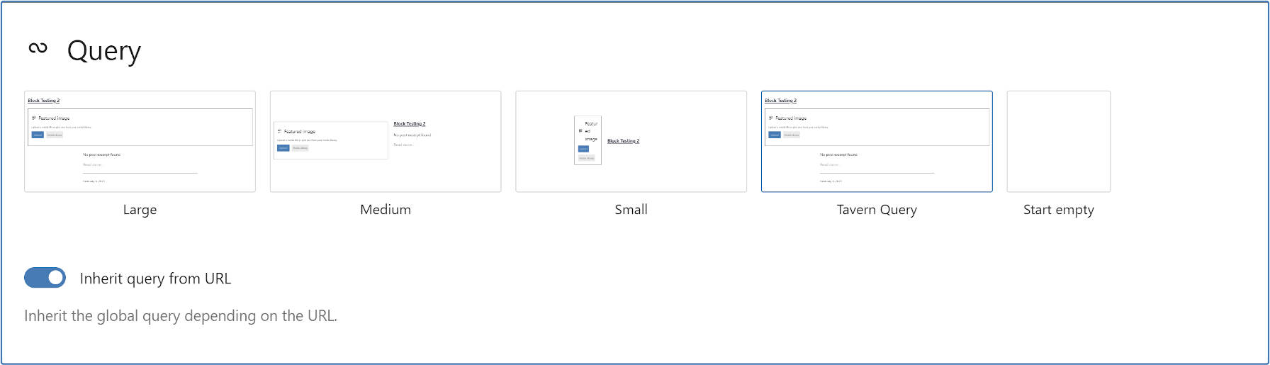 Initial Query block state when the user first inserts into a post with pattern options.
