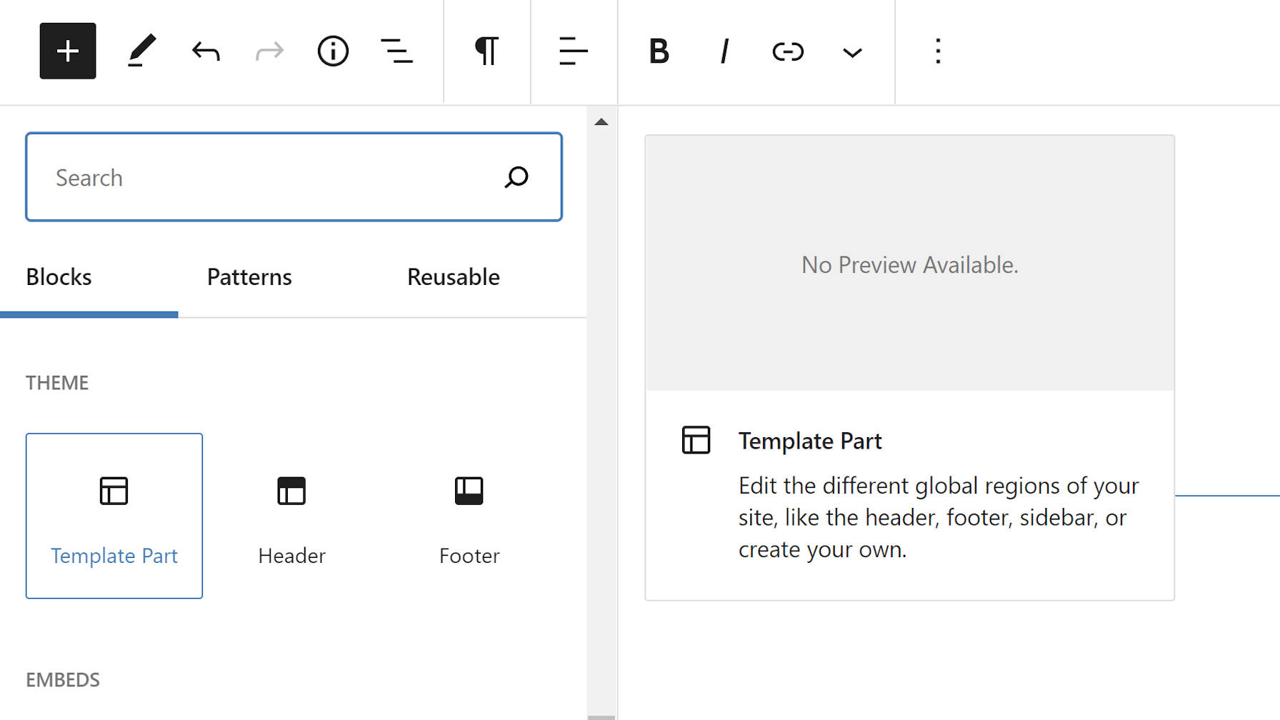 Block inserter with the Theme category highlighted.