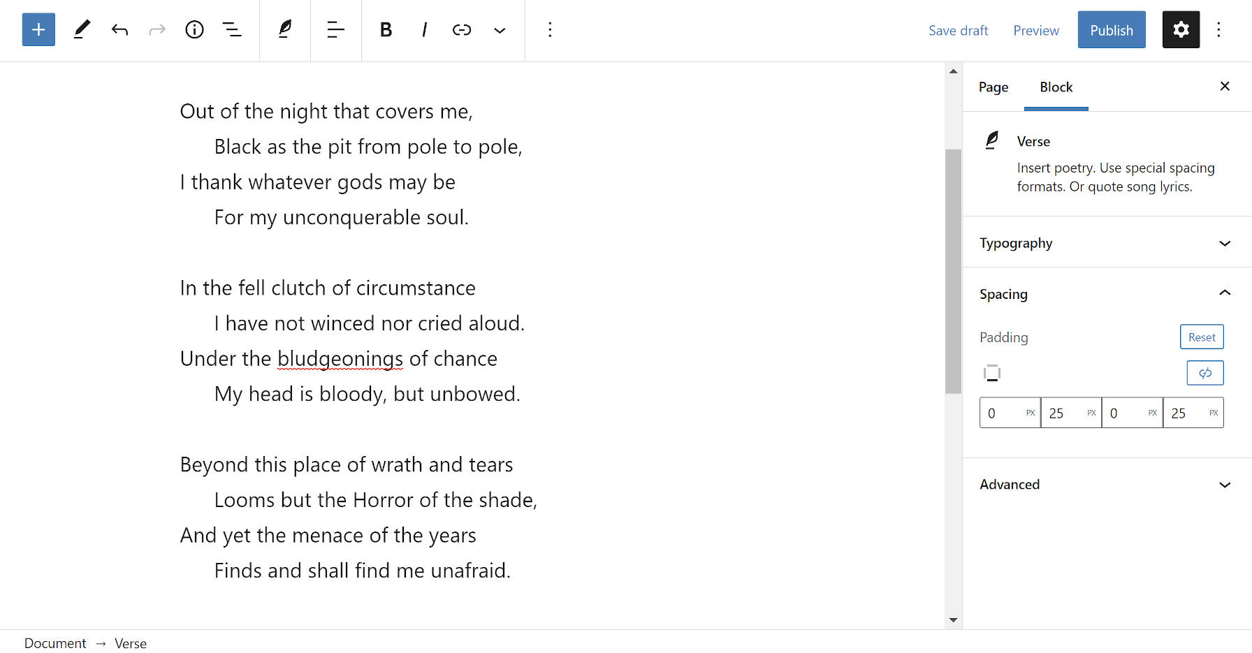A Verse block in the WordPress editor with a new padding option.