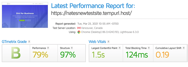 GTmetrix score of a B.