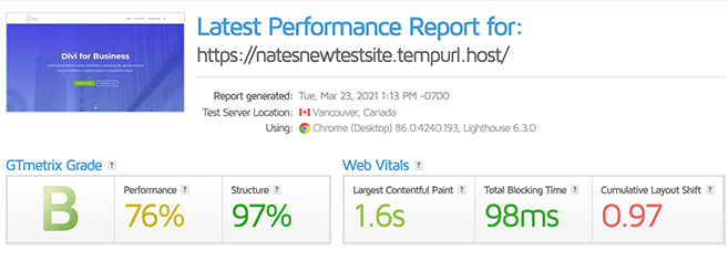 GTmetrix score of a B.