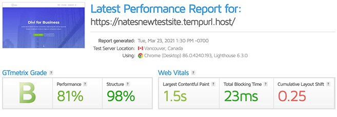 GTmetrix grade of a B.