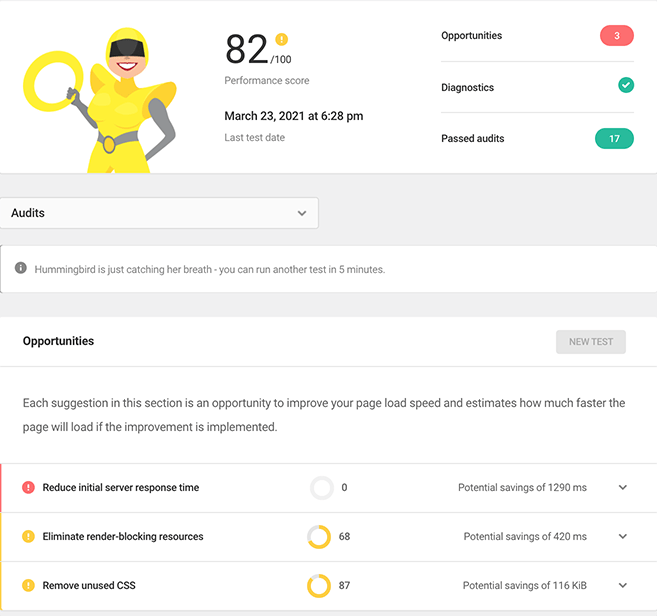 Hummingbird speed test of 82.