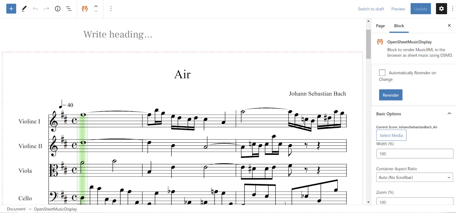 Inserting and customizing the OSMD block in the WordPress editor.