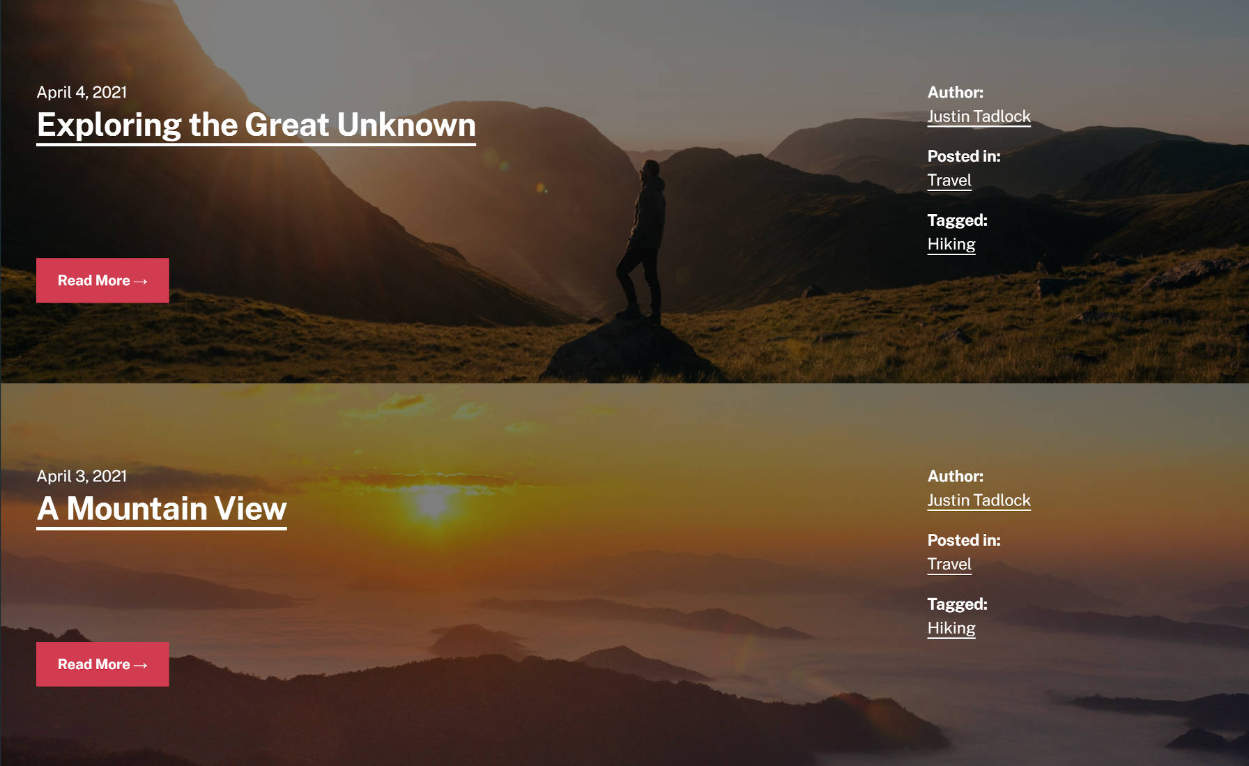Two blog posts stacked upon each other. Each has a custom background image that spans the page.