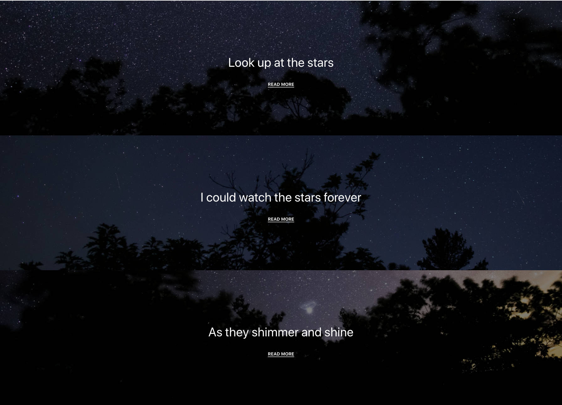 Two blog posts stacked upon each other. Each has a custom background image that spans the page with centered text.