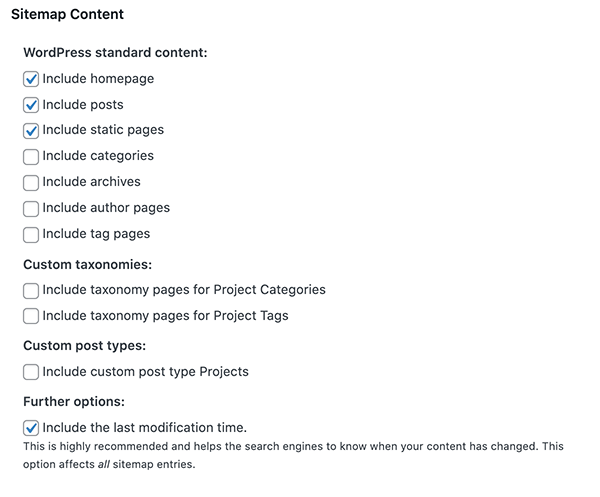 Sitemap content options.