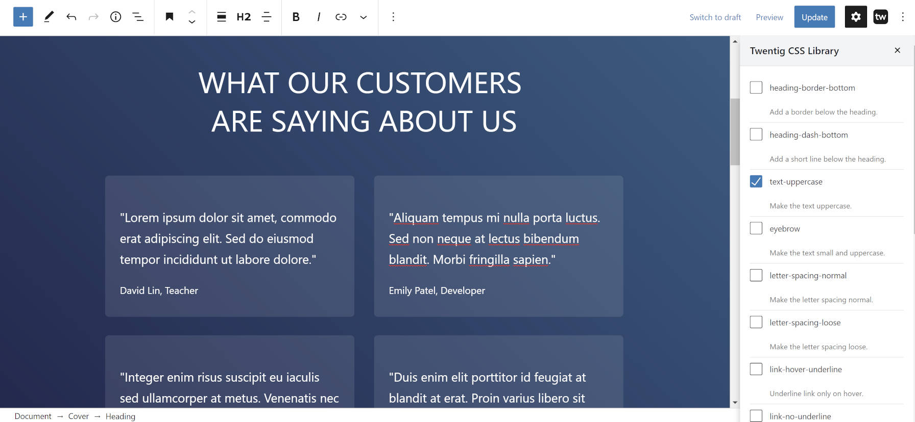 Selecting custom classes for a Heading block via the Twentig WordPress plugin.