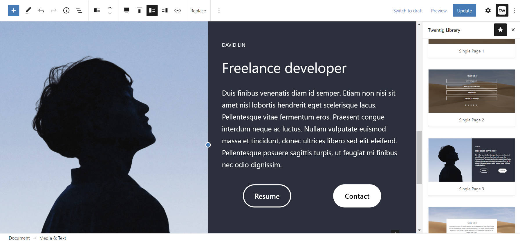 Inserting a single-page pattern into the WordPress block editor from the Twentig plugin.
