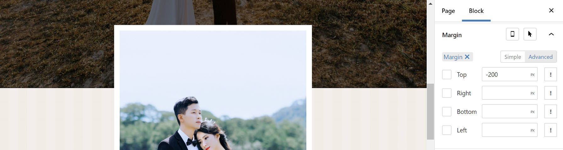 Using the Editor Plus plugin, adding a negative margin to an image in the WordPress block editor.