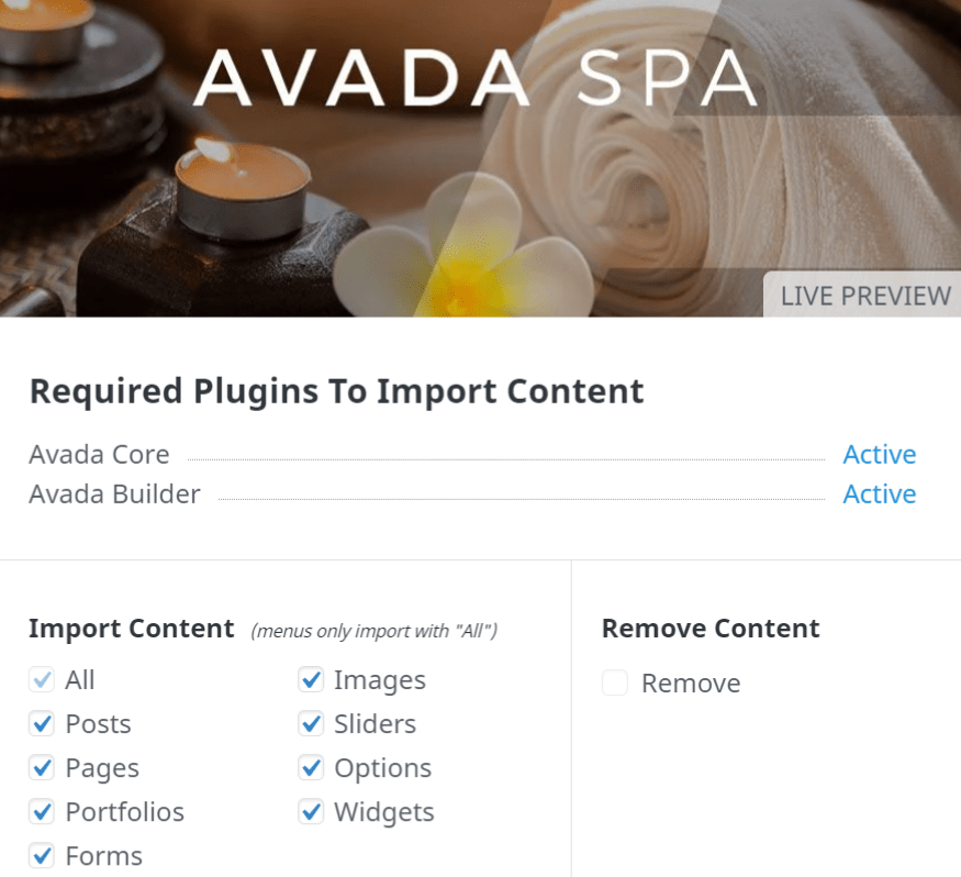Avada Spa import screen.