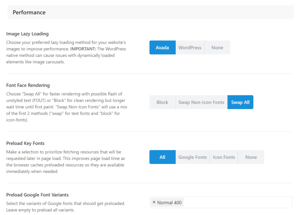 Avada built in Optimizer screen