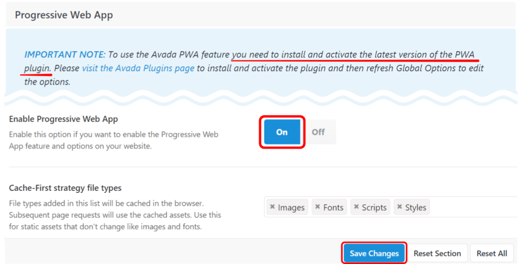 PWA on with default settings