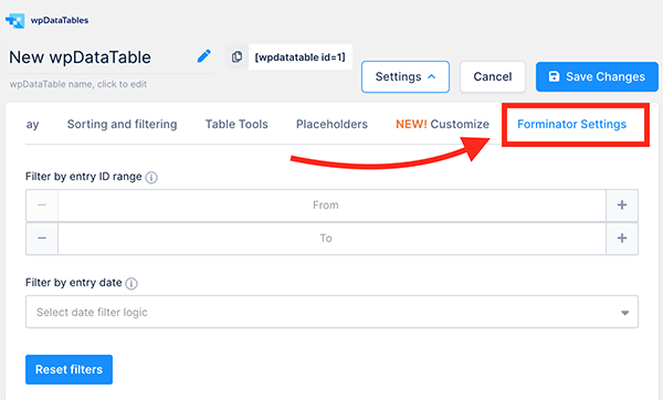 The Forminator settings tab.