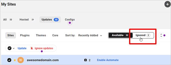 The Hub: My Sites - Ignore updates button