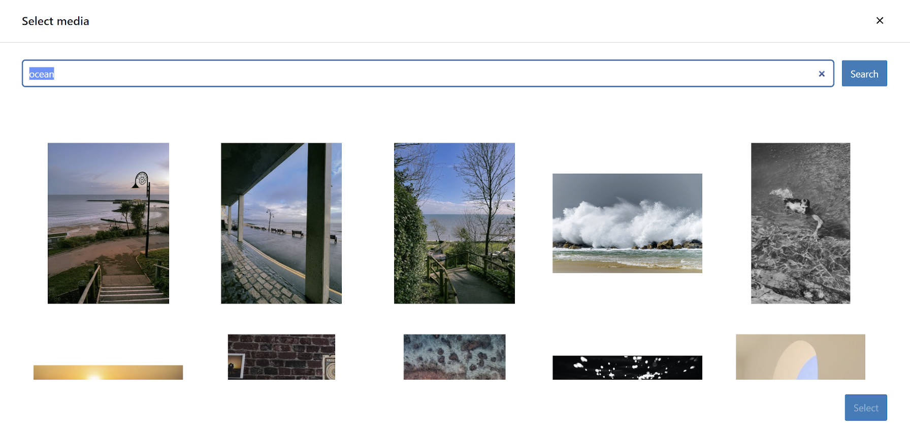 Media library view of Pexels photo search via the Jetpack plugin.