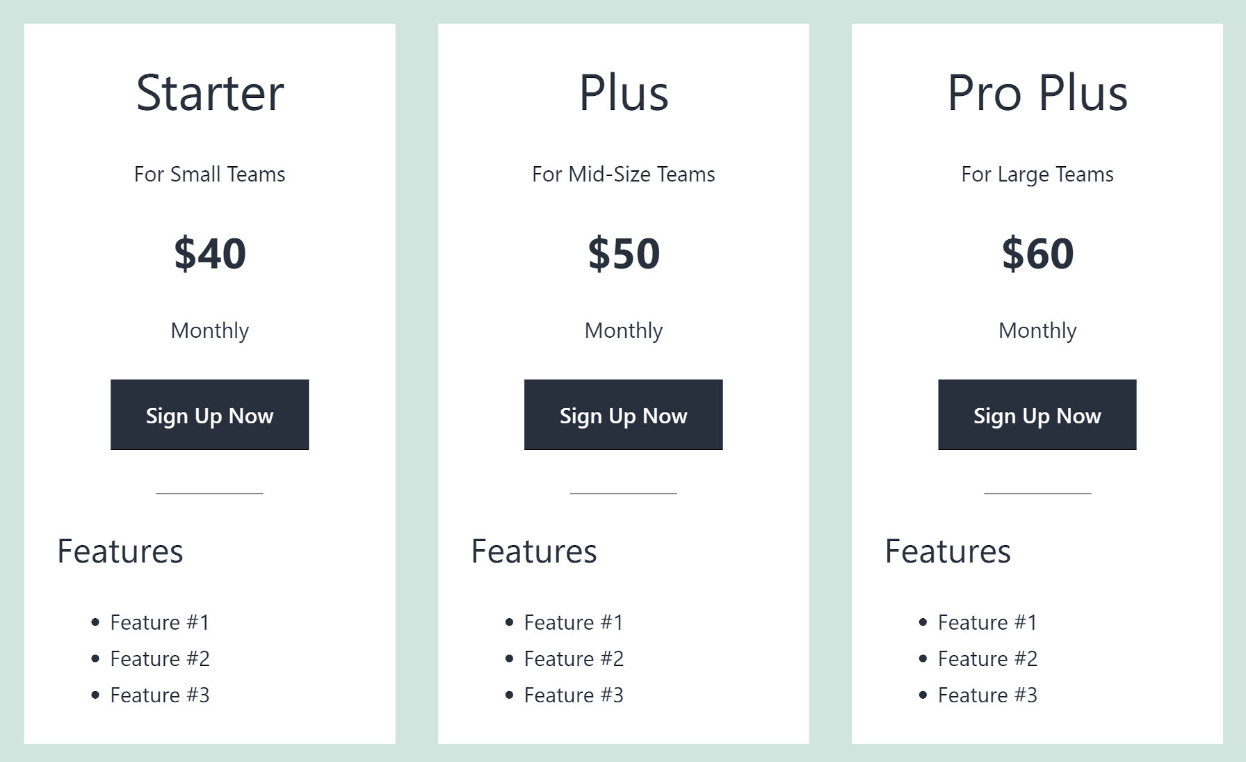 Pricing columns pattern as shown from the Twenty Twenty-One theme.