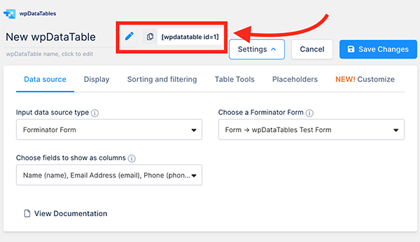 The shortcode that you use for wpDataTable