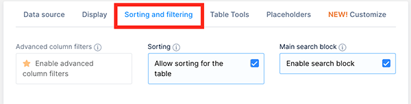 Sorting and filtering tab.