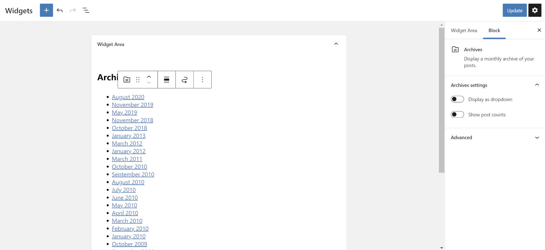 Widgets screen that turns each theme's sidebar into a block container.