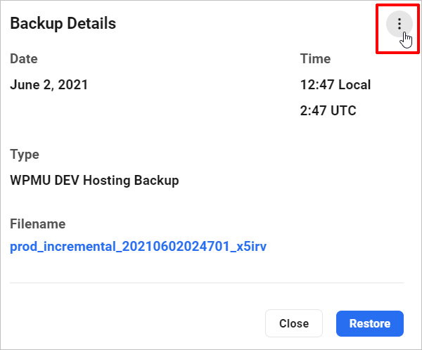 Backup details screen