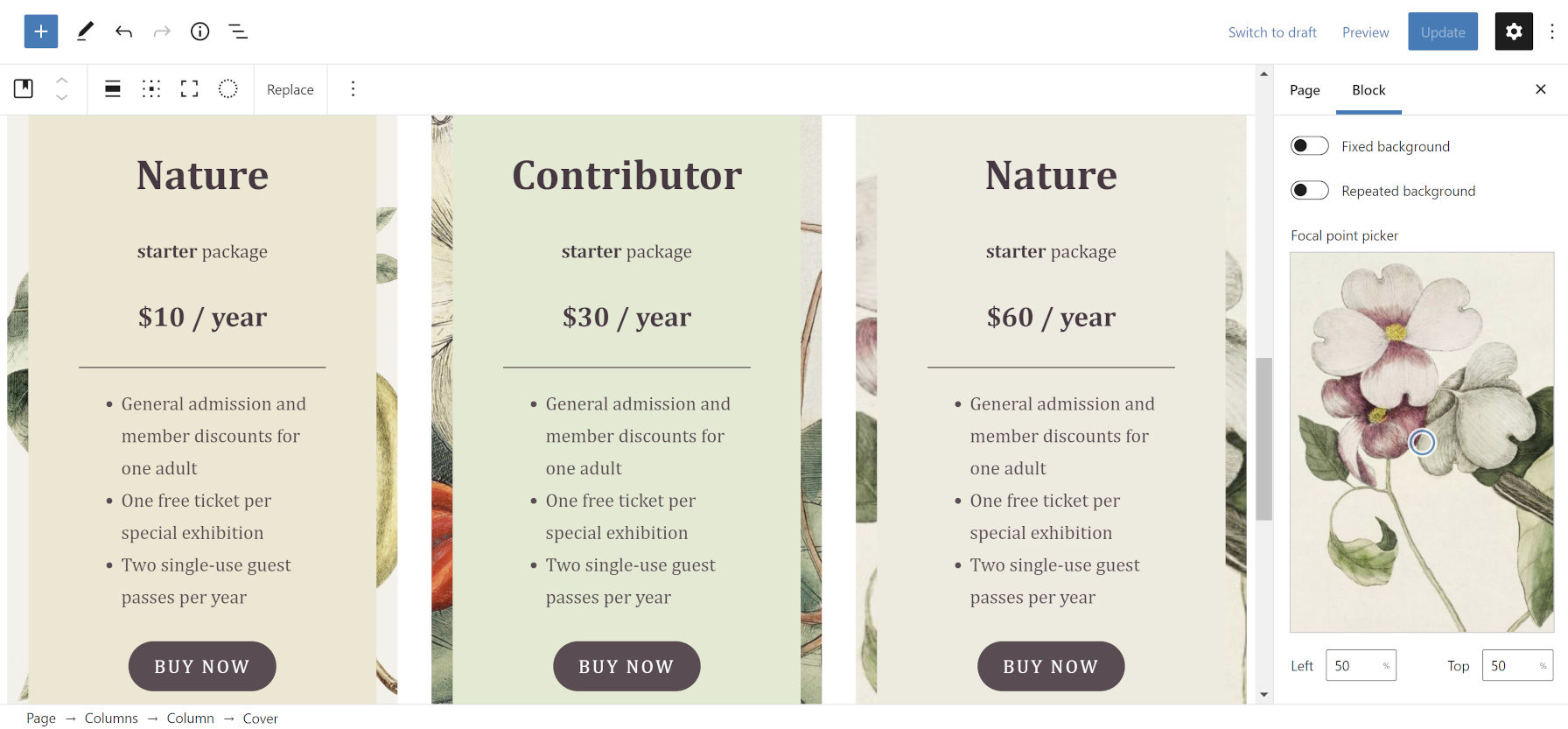 Nature-themed pricing columns block from the Clove WordPress theme.