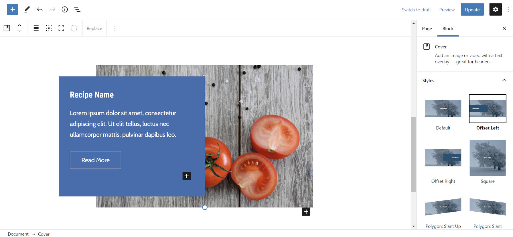 Cover block in the WordPress editor with an offset left box of content.