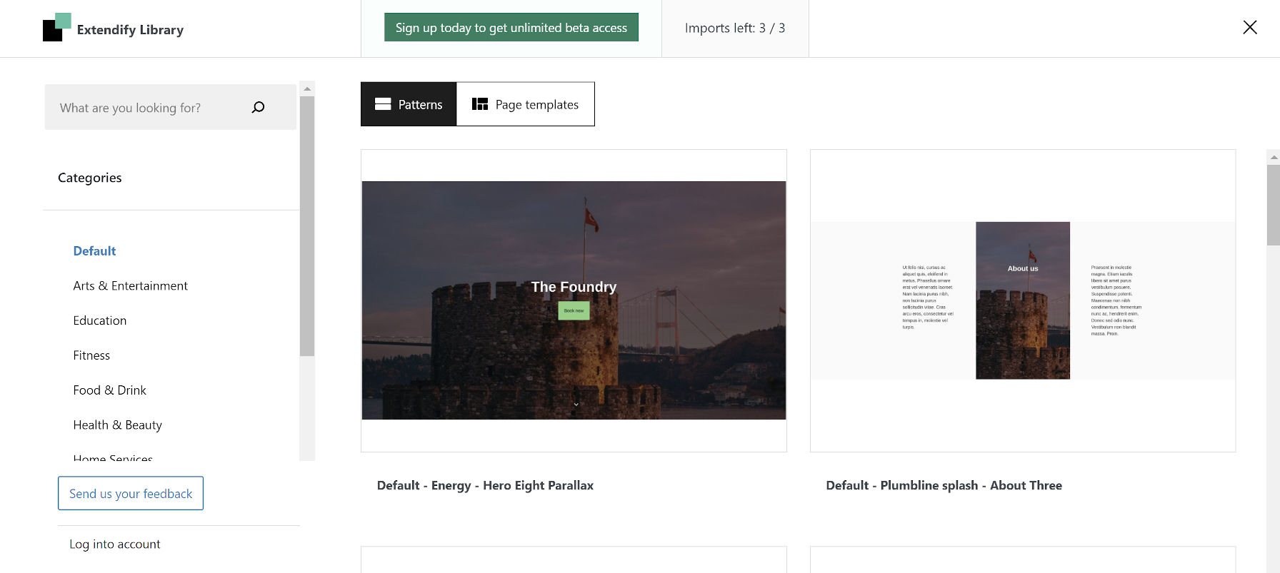 Popup overlay in the block editor with searchable template system.